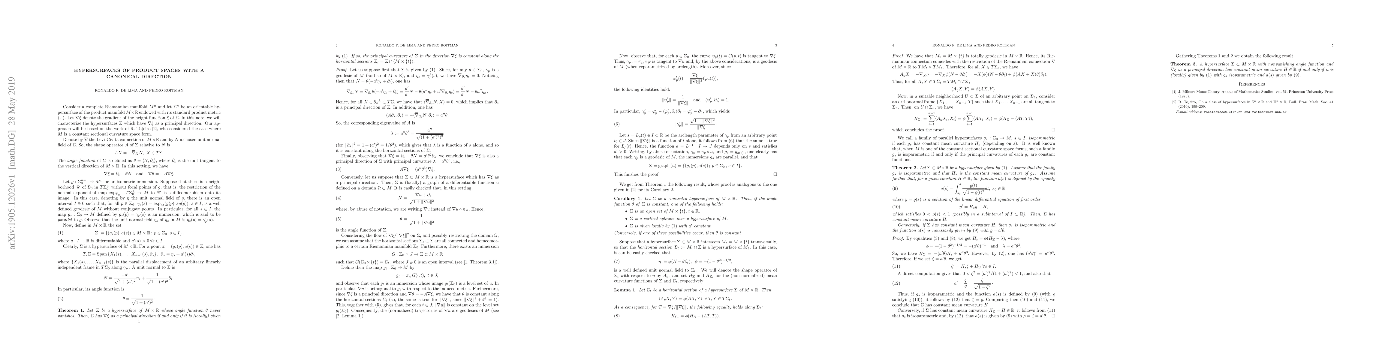 Thumbnail for Hypersurfaces of Product Spaces with a Canonical Direction