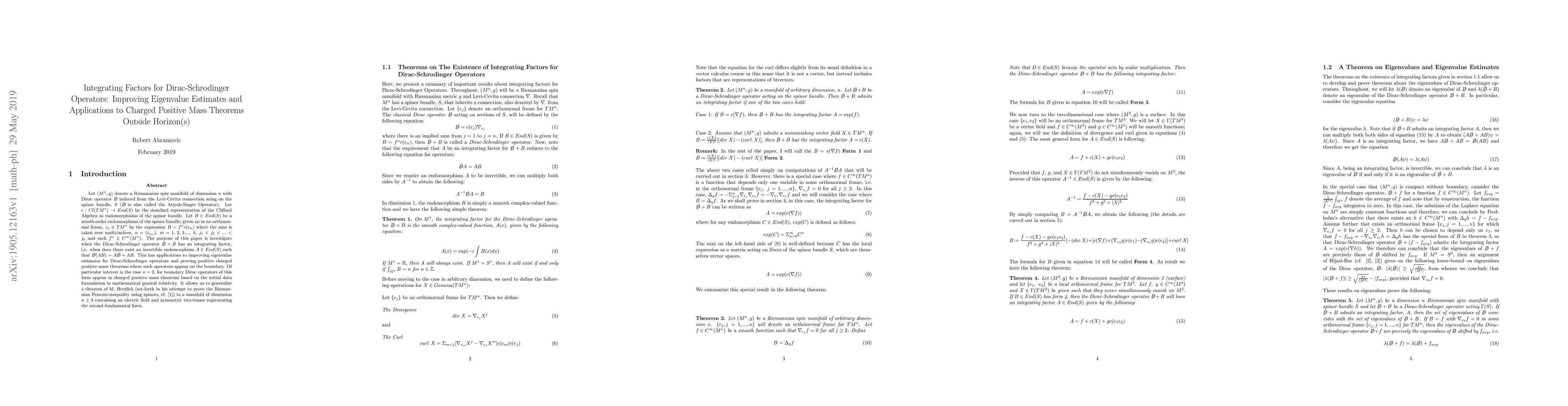 Thumbnail for Integrating Factors for Dirac-Schrodinger Operators: Improving
  Eigenvalue Estimates and Applications to Charged Positive Mass Theorems
  Outside Horizon(s)