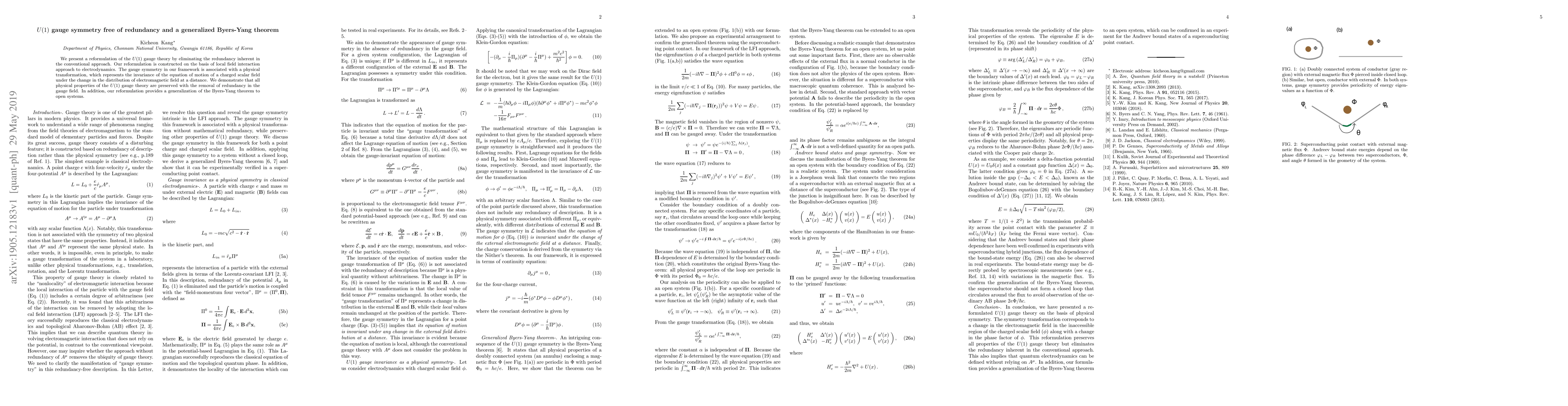 Thumbnail for $U(1)$ gauge symmetry free of redundancy and a generalized Byers-Yang
  theorem