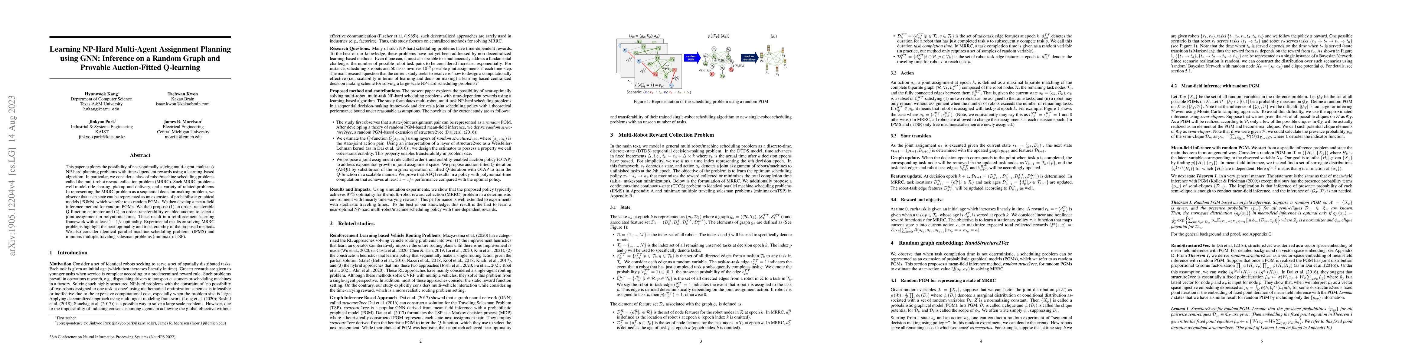 Thumbnail for Learning NP-Hard Multi-Agent Assignment Planning using GNN: Inference on
  a Random Graph and Provable Auction-Fitted Q-learning