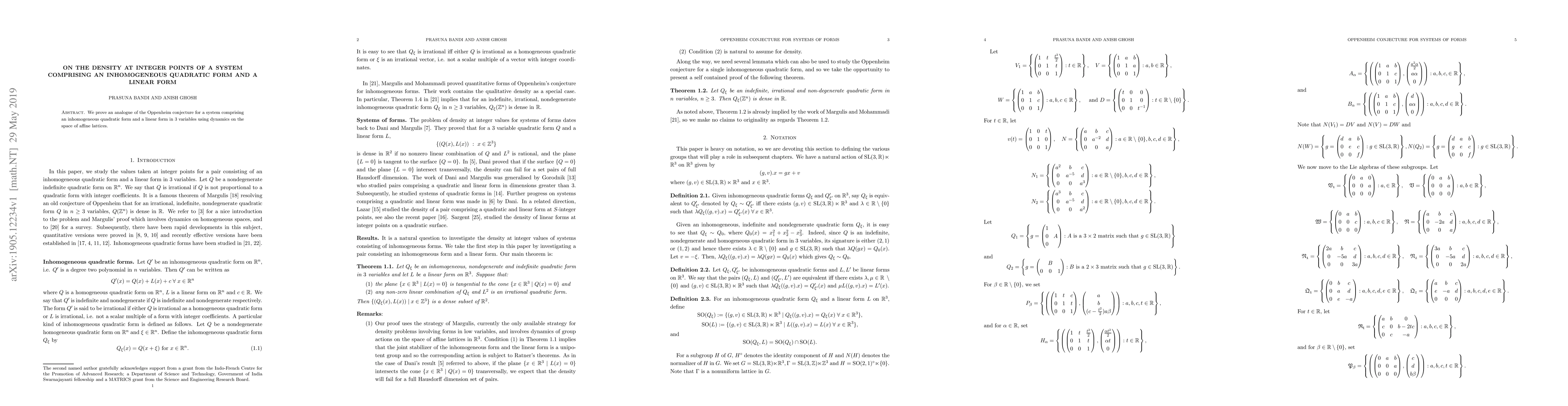 Thumbnail for On the density at integer points of a system comprising an inhomogeneous
  quadratic form and a linear form