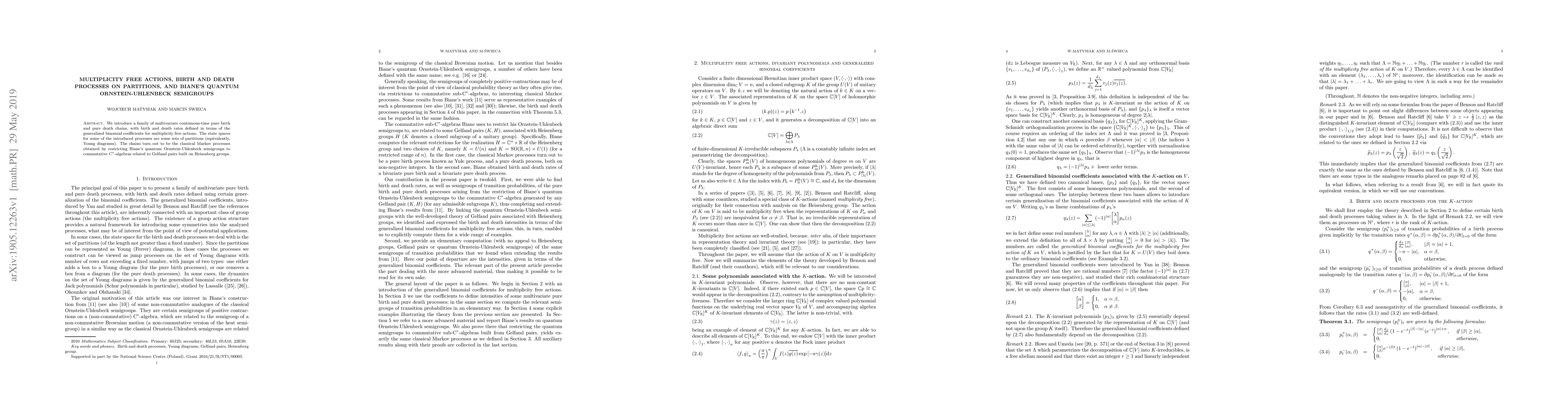 Thumbnail for Multiplicity free actions, birth and death processes on partitions, and
  Biane's quantum Ornstein-Uhlenbeck semigroups
