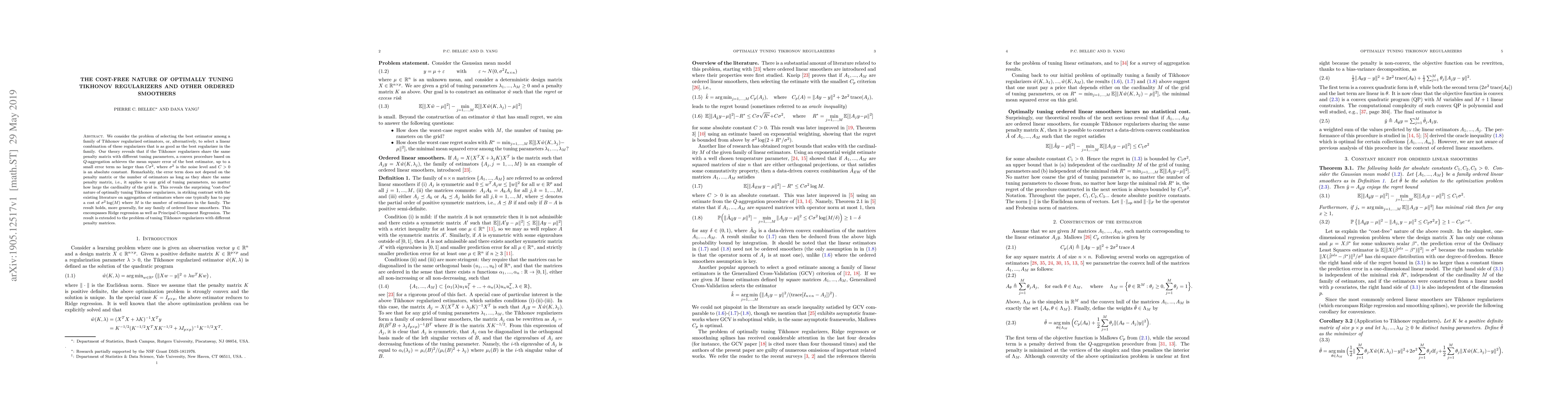Thumbnail for The cost-free nature of optimally tuning Tikhonov regularizers and other
  ordered smoothers