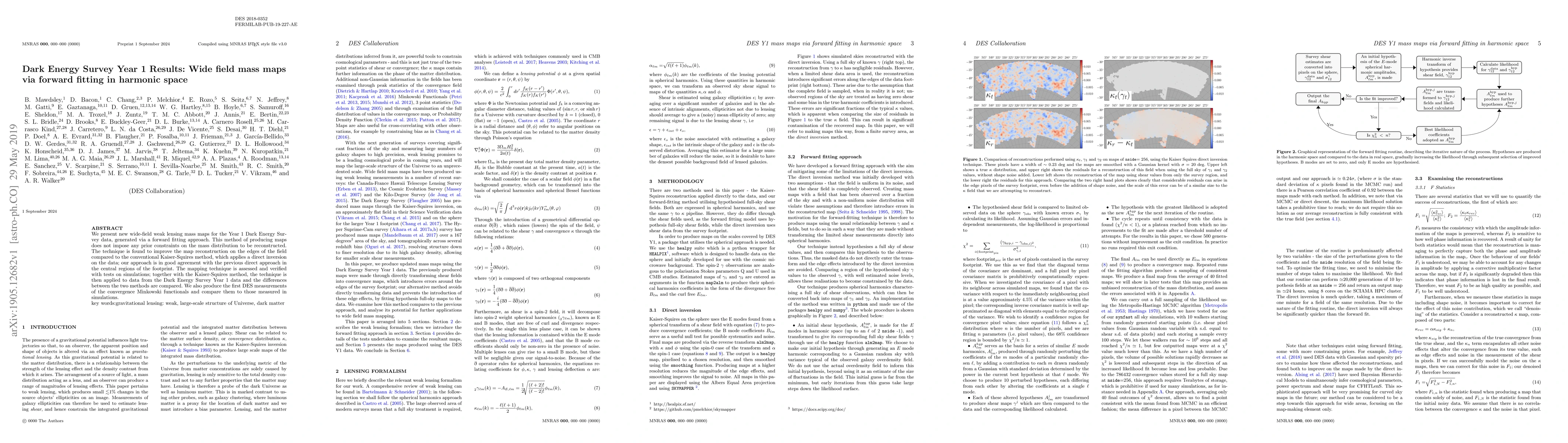 Thumbnail for Dark Energy Survey Year 1 Results: Wide field mass maps via forward
  fitting in harmonic space