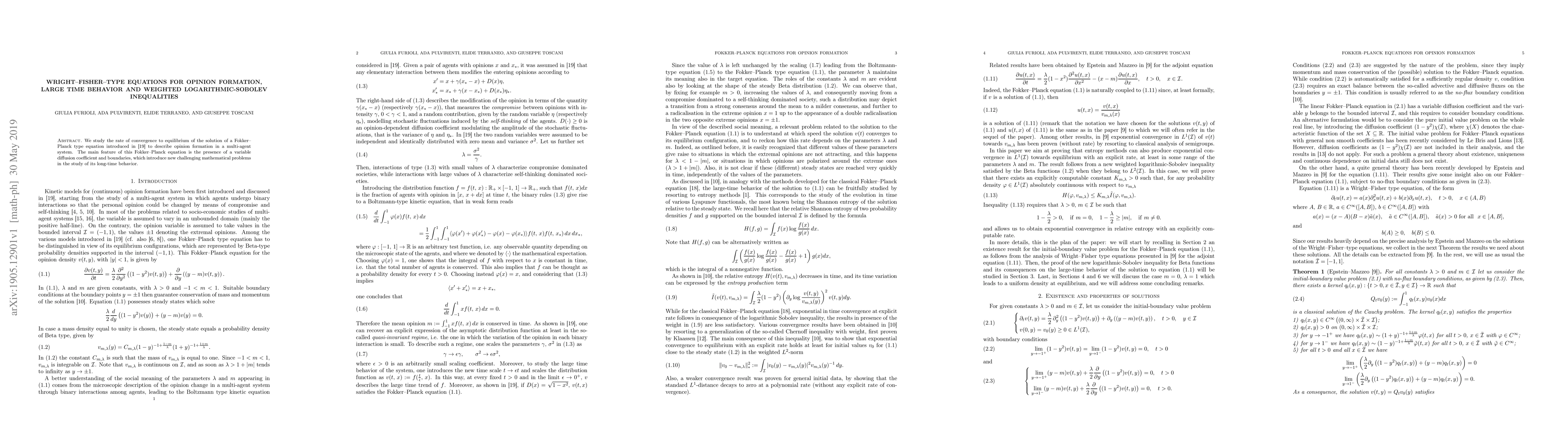 Thumbnail for Wright-Fisher-type equations for opinion formation, large time behavior
  and weighted logarithmic-Sobolev inequalities