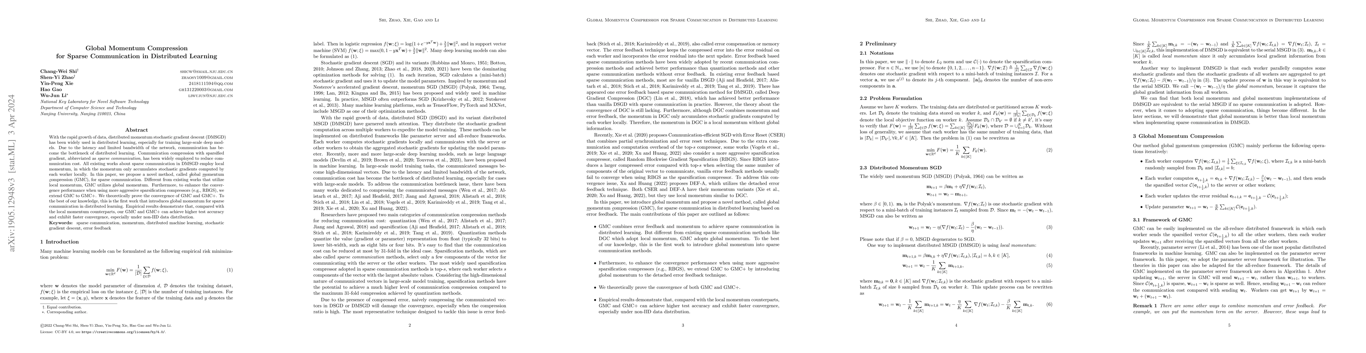 Thumbnail for Global Momentum Compression for Sparse Communication in Distributed
  Learning