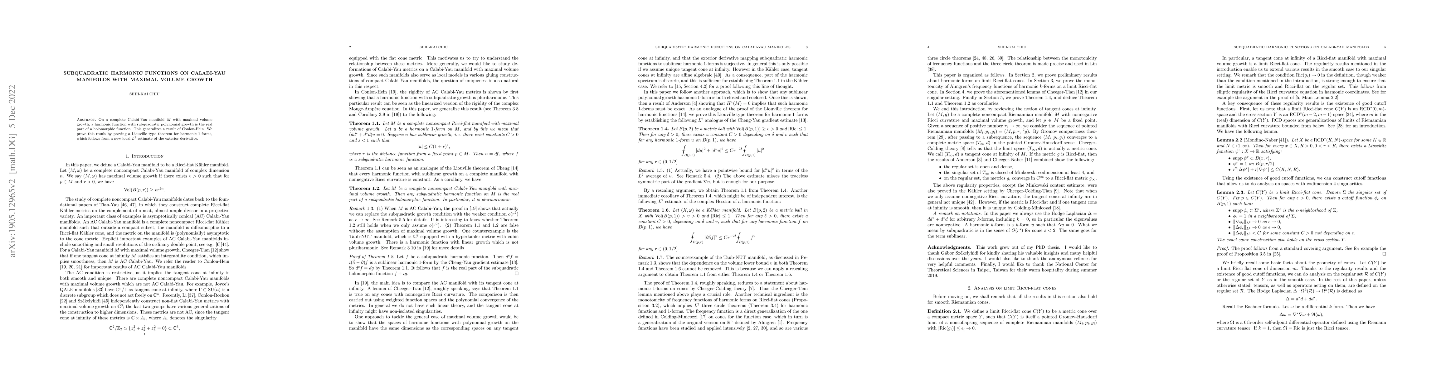 Thumbnail for Subquadratic harmonic functions on Calabi-Yau manifolds with maximal
  volume growth