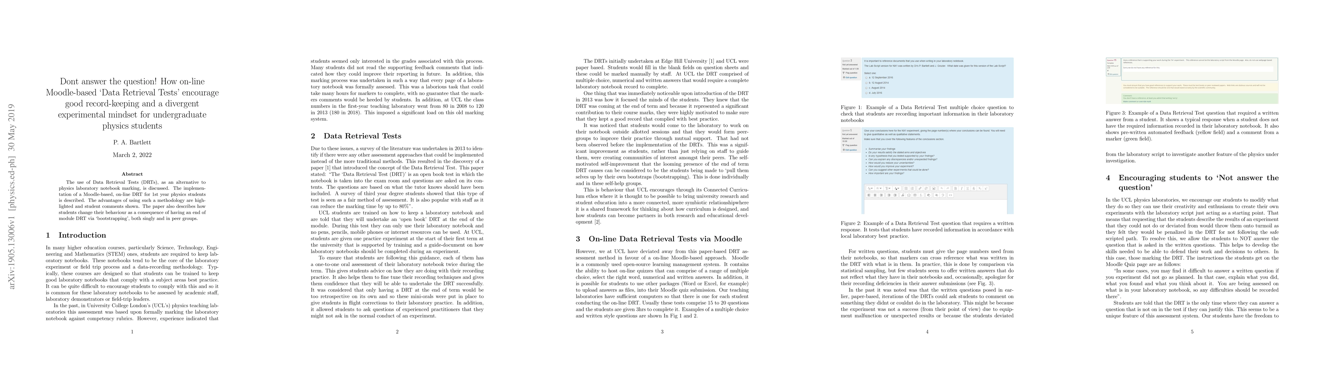 Thumbnail for Don't answer the question! How on-line Moodle-based 'Data Retrieval
  Tests' encourage good record-keeping and a divergent experimental mindset for
  undergraduate physics students