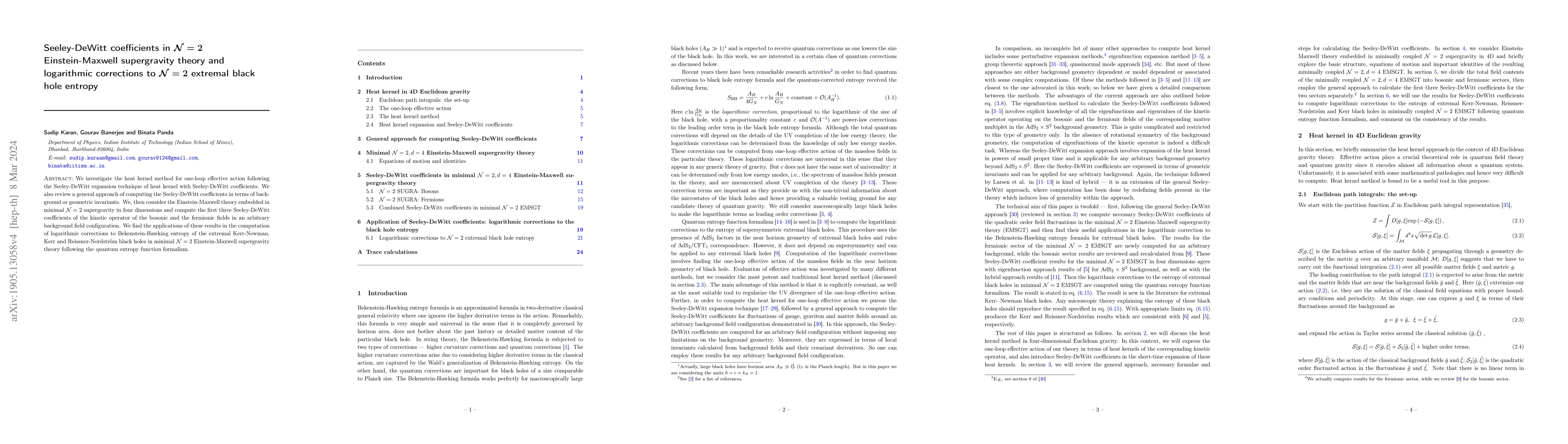 Thumbnail for Seeley-DeWitt Coefficients in $\mathcal{N}=2$ Einstein-Maxwell
  Supergravity Theory and Logarithmic Corrections to $\mathcal{N}=2$ Extremal
  Black Hole Entropy