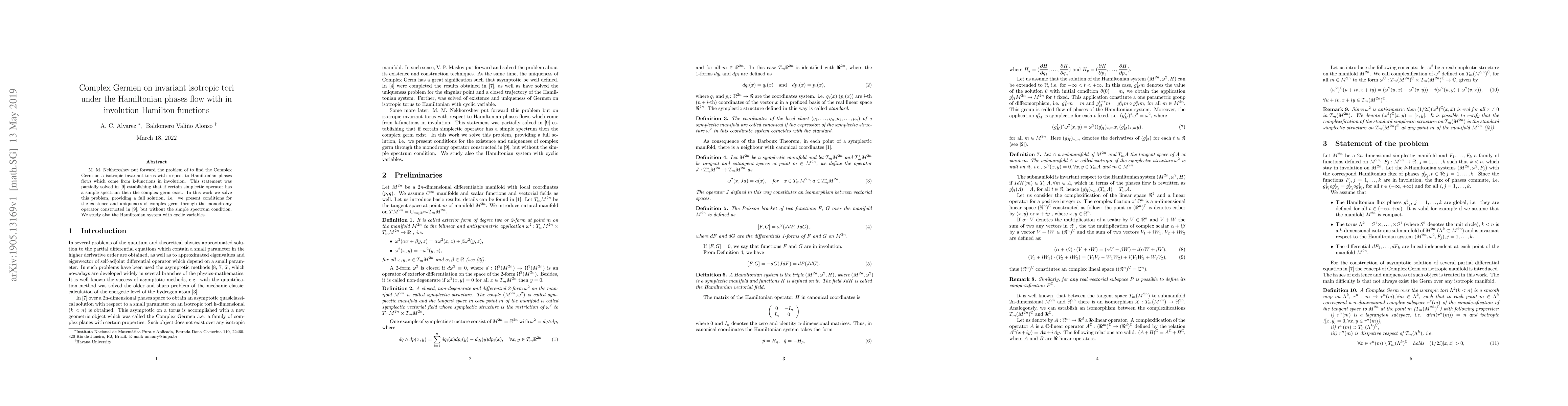 Thumbnail for Complex Germen on invariant isotropic tori under the Hamiltonian phases
  flow with in involution Hamilton functions