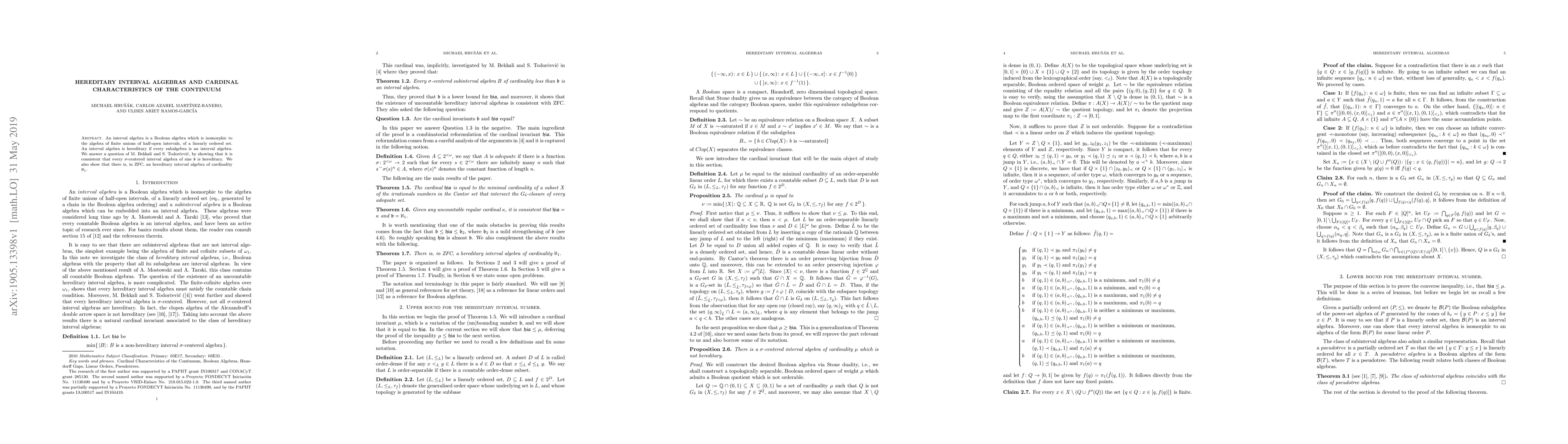 Thumbnail for Hereditary Interval Algebras and Cardinal Characteristics of the
  Continuum
