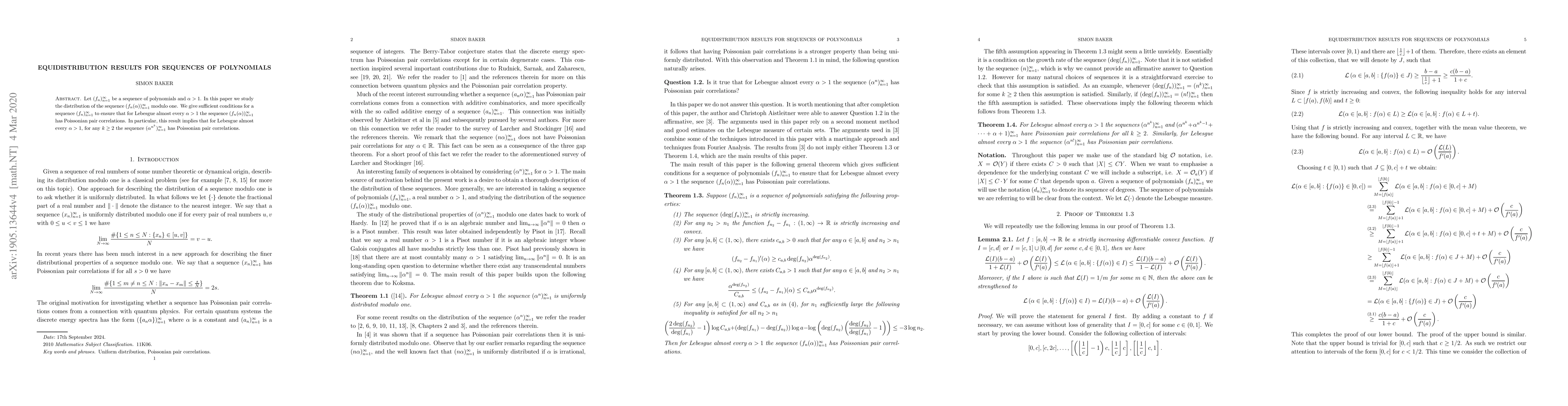 Thumbnail for Equidistribution results for sequences of polynomials