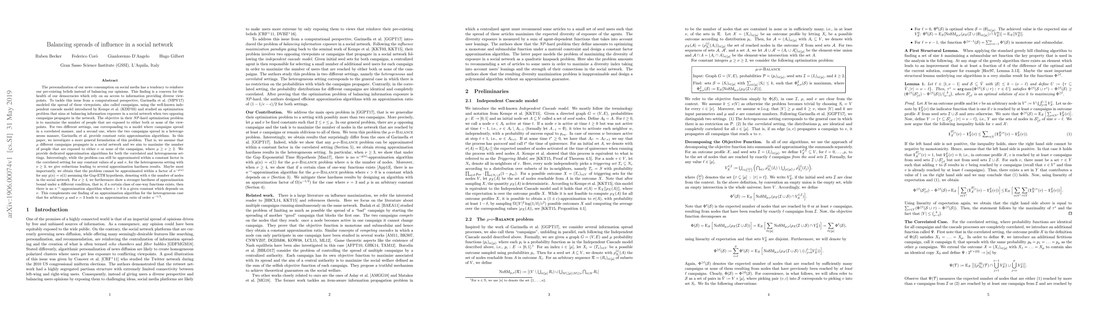 Thumbnail for Balancing spreads of influence in a social network