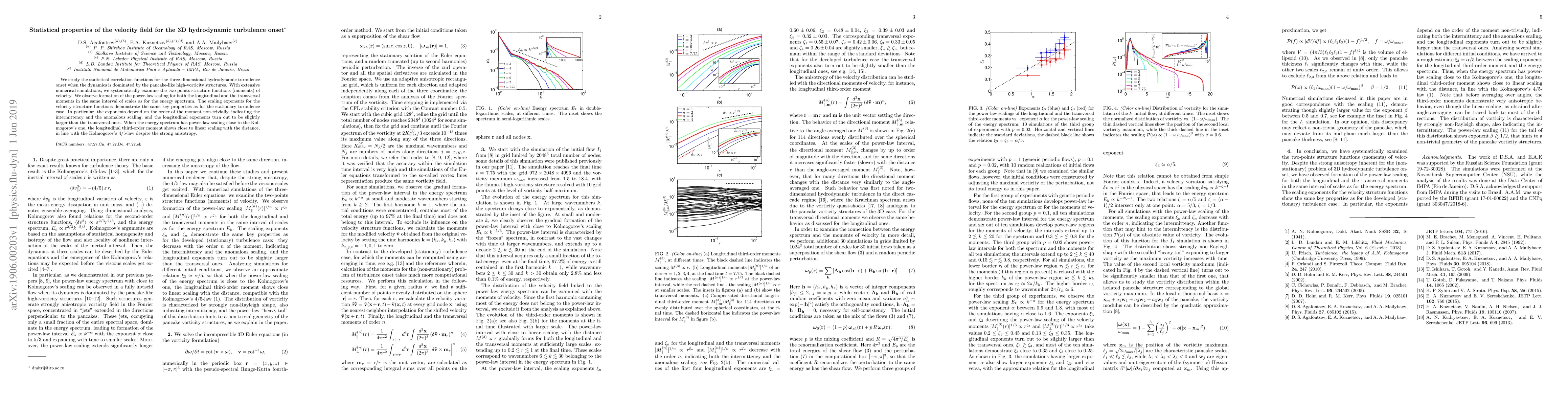 Thumbnail for Statistical properties of the velocity field for the 3D hydrodynamic
  turbulence onset