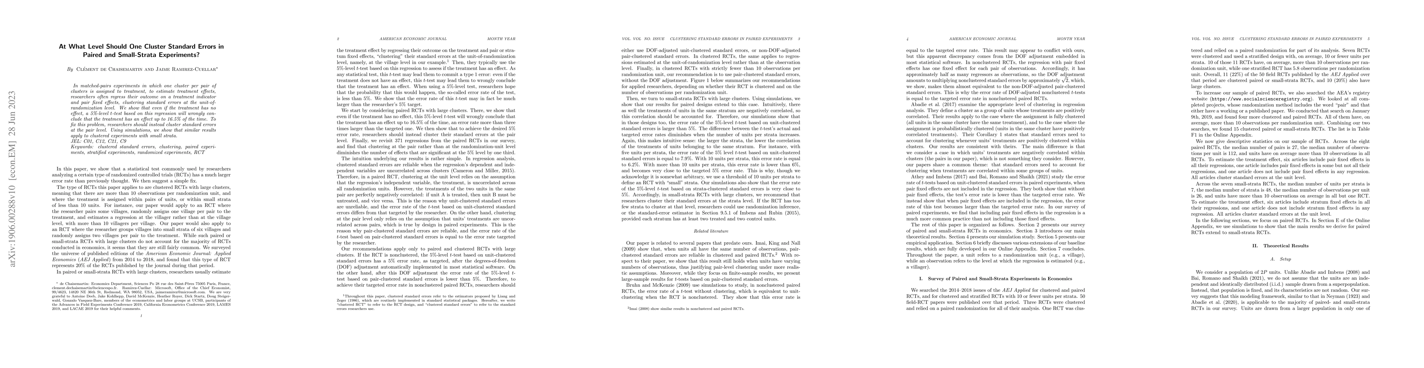 Thumbnail for At What Level Should One Cluster Standard Errors in Paired and
  Small-Strata Experiments?