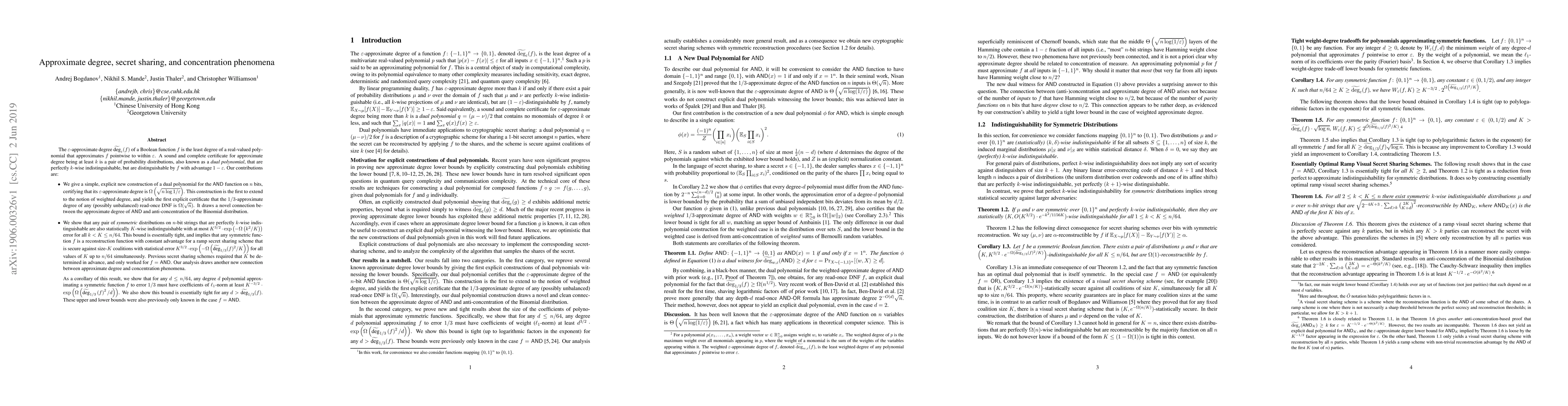 Thumbnail for Approximate degree, secret sharing, and concentration phenomena