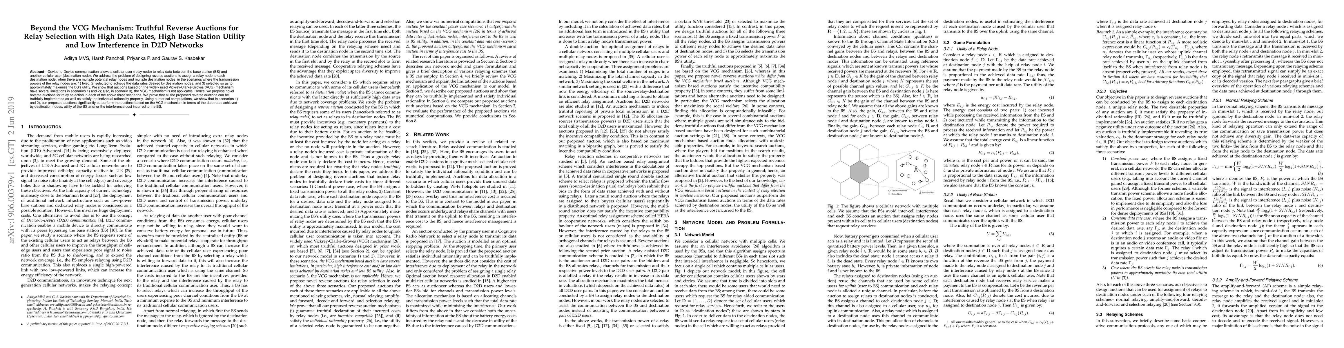 Thumbnail for Beyond the VCG Mechanism: Truthful Reverse Auctions for Relay Selection
  with High Data Rates, High Base Station Utility and Low Interference in D2D
  Networks