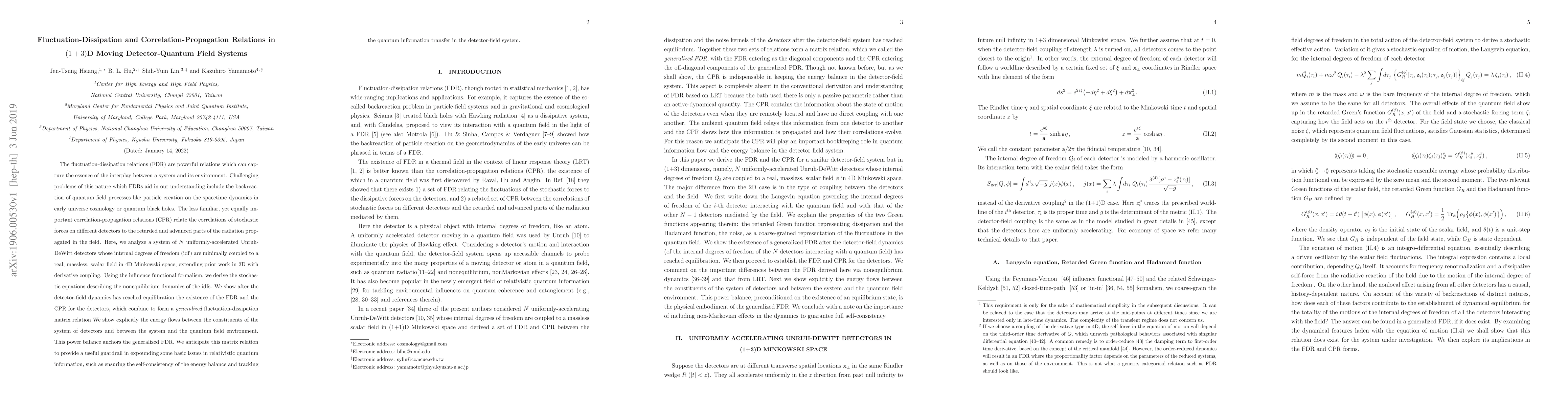 Thumbnail for Fluctuation-Dissipation and Correlation-Propagation Relations in
  $(1+3)$D Moving Detector-Quantum Field Systems