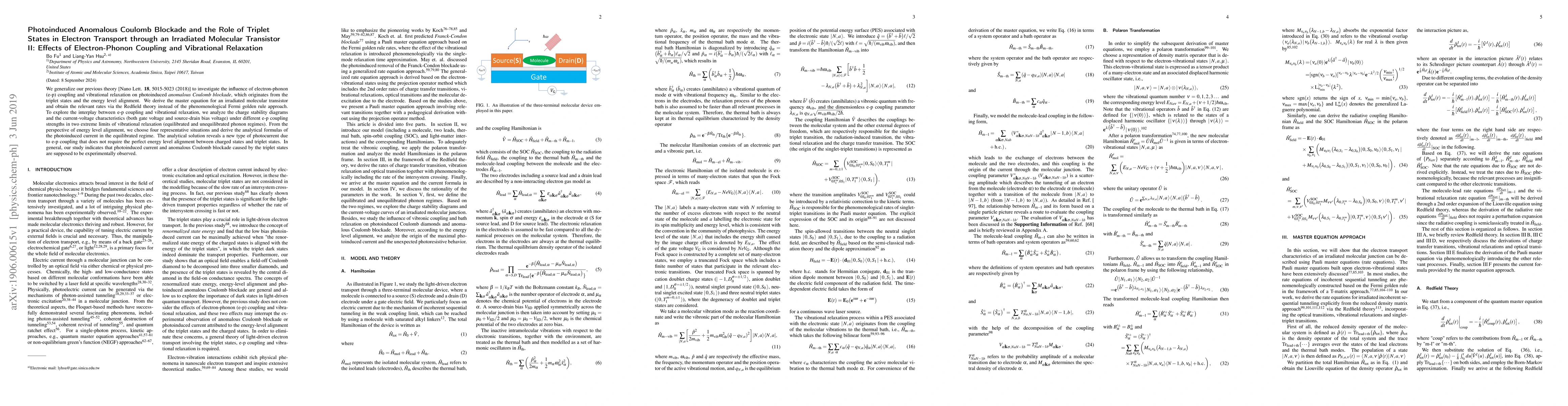 Thumbnail for Photoinduced Anomalous Coulomb Blockade and the Role of Triplet States
  in Electron Transport through an Irradiated Molecular Transistor II: Effects
  of Electron-Phonon Coupling and Vibrational Relaxation