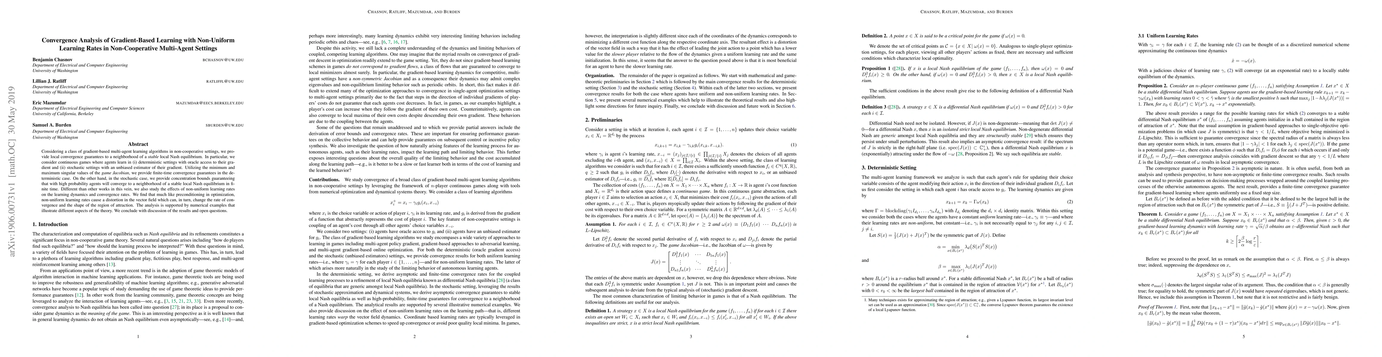 Thumbnail for Convergence Analysis of Gradient-Based Learning with Non-Uniform
  Learning Rates in Non-Cooperative Multi-Agent Settings