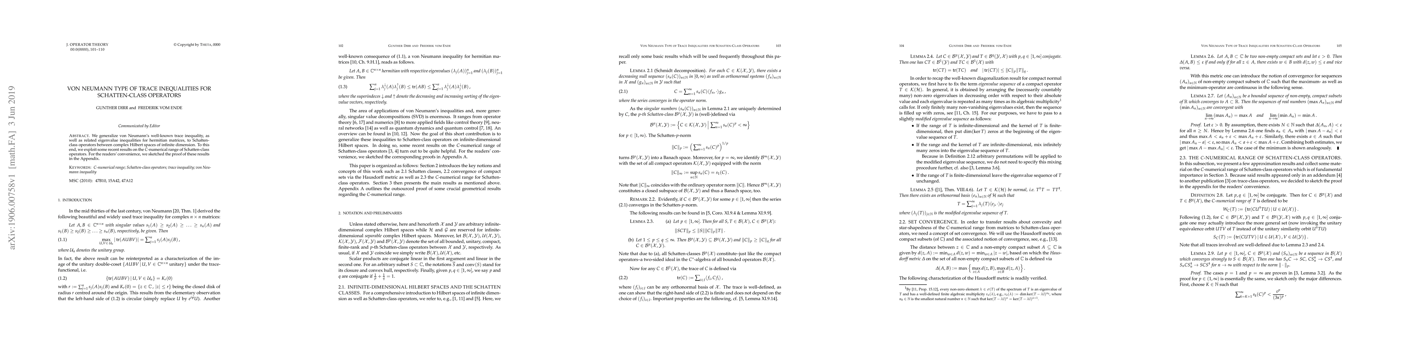 Thumbnail for Von Neumann Type of Trace Inequalities for Schatten-Class Operators