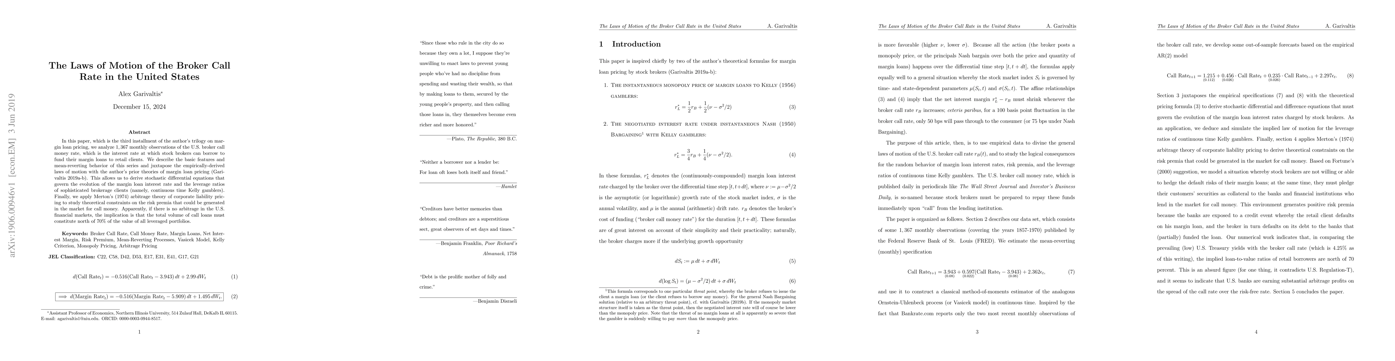 Thumbnail for The Laws of Motion of the Broker Call Rate in the United States