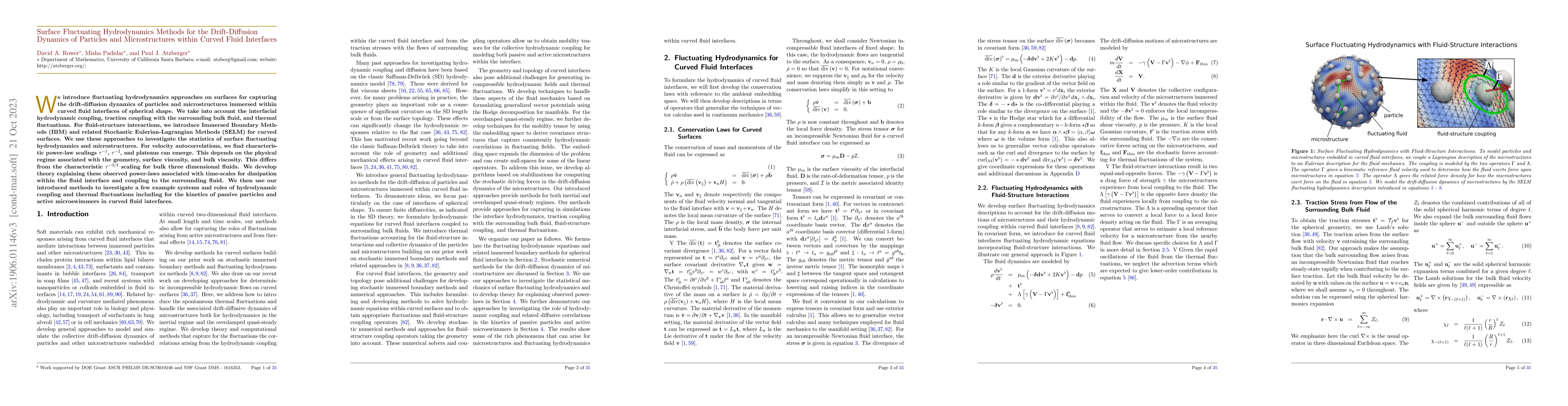 Thumbnail for Surface Fluctuating Hydrodynamics Methods for the Drift-Diffusion
  Dynamics of Particles and Microstructures within Curved Fluid Interfaces