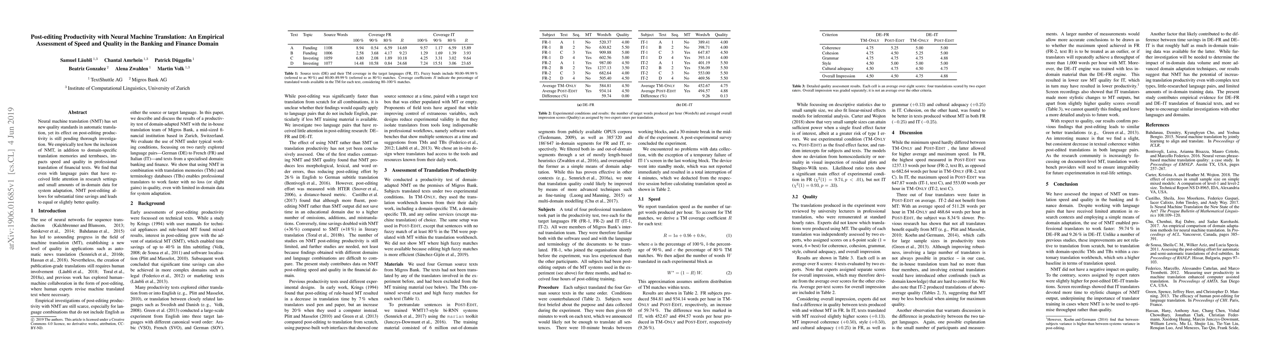 Thumbnail for Post-editing Productivity with Neural Machine Translation: An Empirical
  Assessment of Speed and Quality in the Banking and Finance Domain