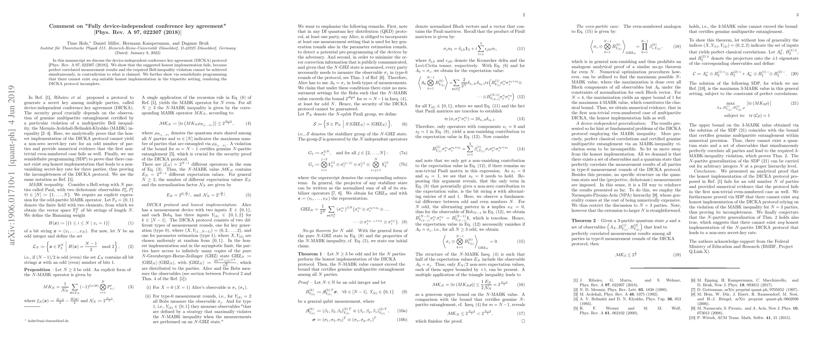 Thumbnail for Comment on "Fully device-independent conference key agreement" [Phys.
  Rev. A 97, 022307 (2018)]