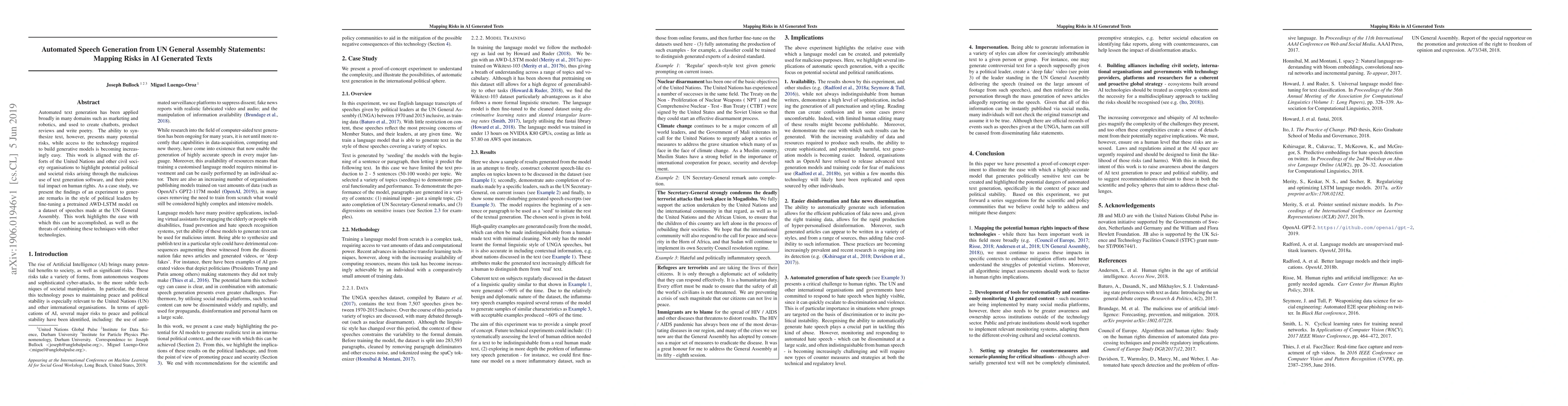 Thumbnail for Automated Speech Generation from UN General Assembly Statements: Mapping
  Risks in AI Generated Texts