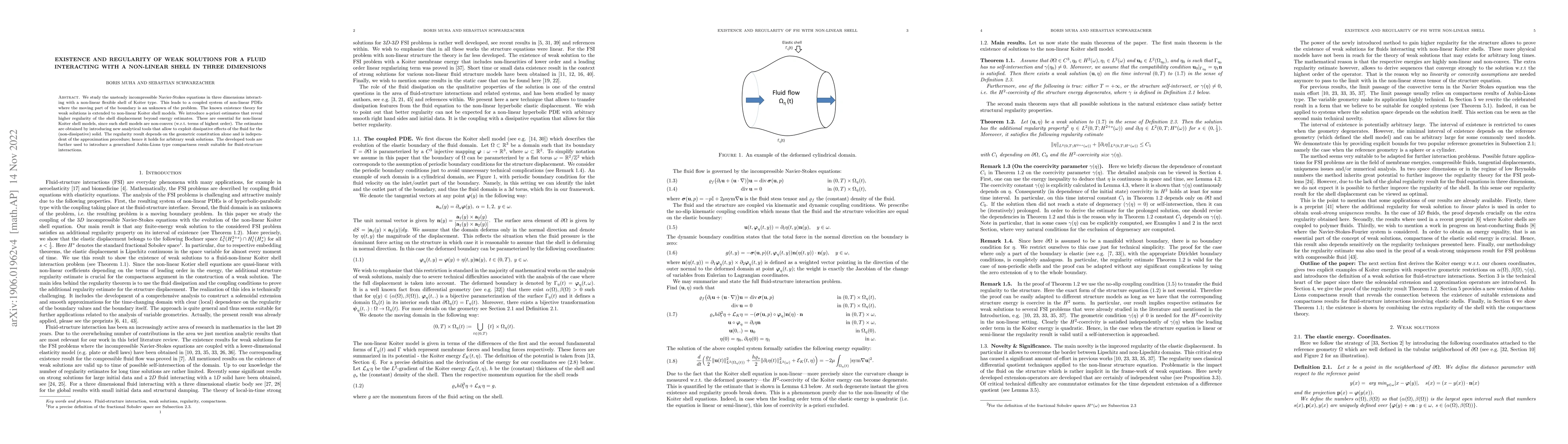 Thumbnail for Existence and regularity of weak solutions for a fluid interacting with
  a non-linear shell in three dimensions