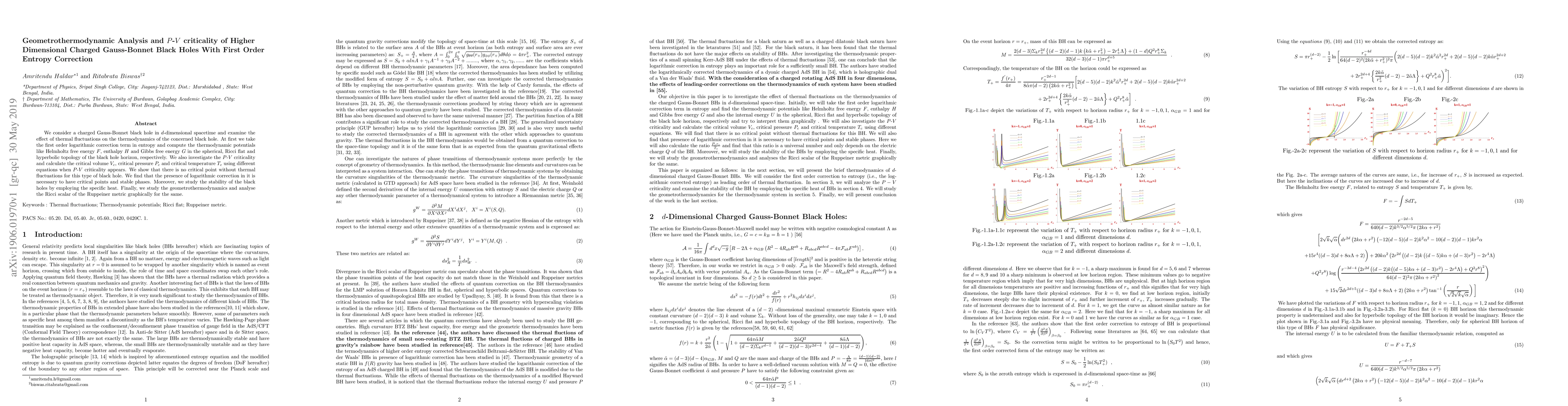 Thumbnail for Geometrothermodynamic Analysis and $P$-$V$ criticality of Higher
  Dimensional Charged Gauss-Bonnet Black Holes With First Order Entropy
  Correction