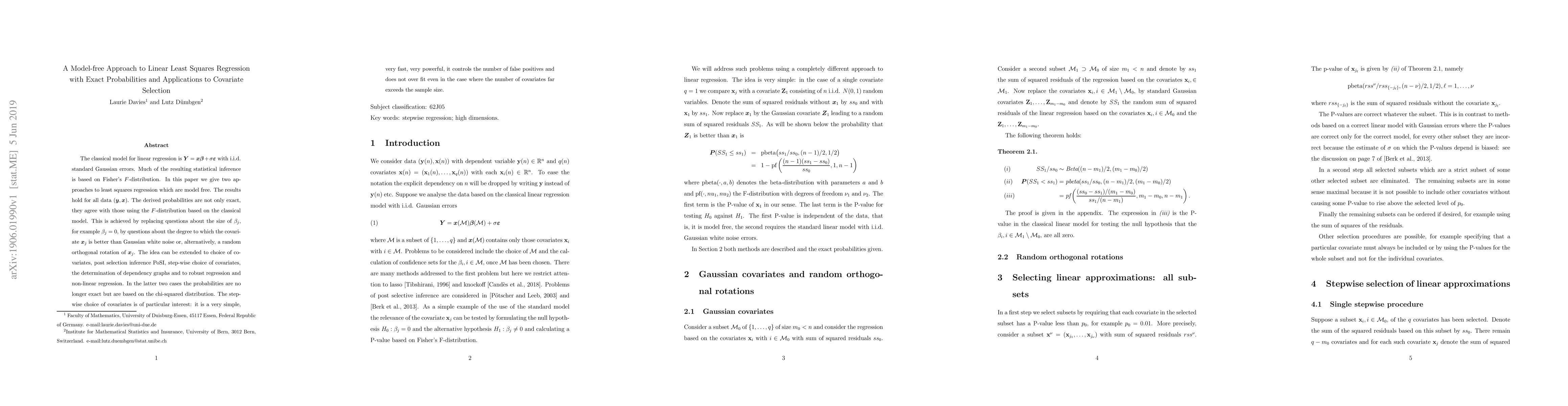 Thumbnail for Covariate Selection Based on a Assumpton-free Approach to Linear
  Regression with Exact Probabilities