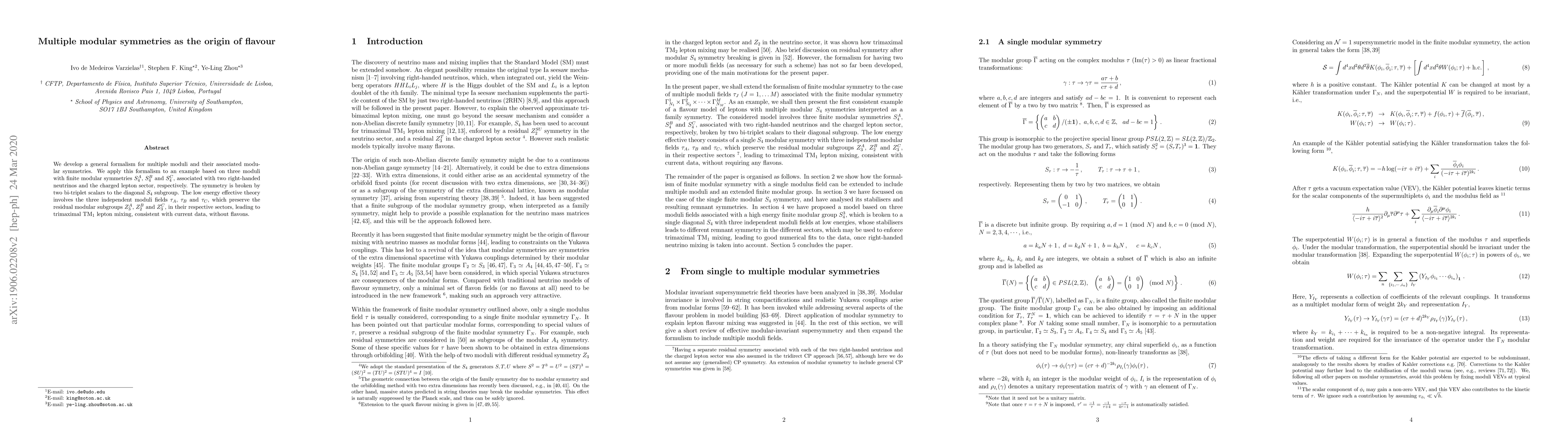 Thumbnail for Multiple modular symmetries as the origin of flavour
