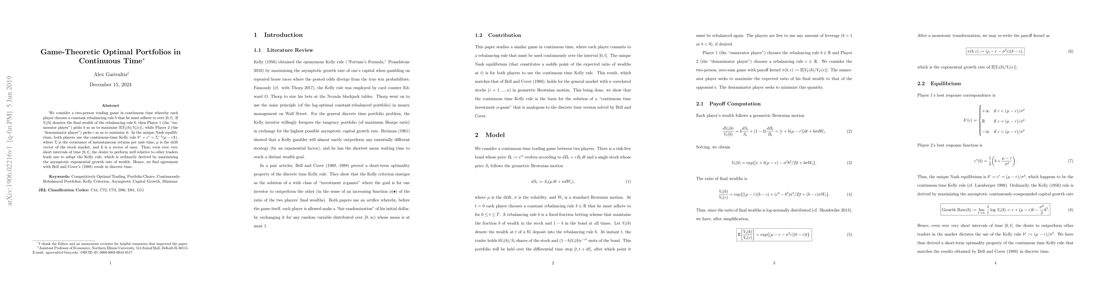Thumbnail for Game-Theoretic Optimal Portfolios in Continuous Time