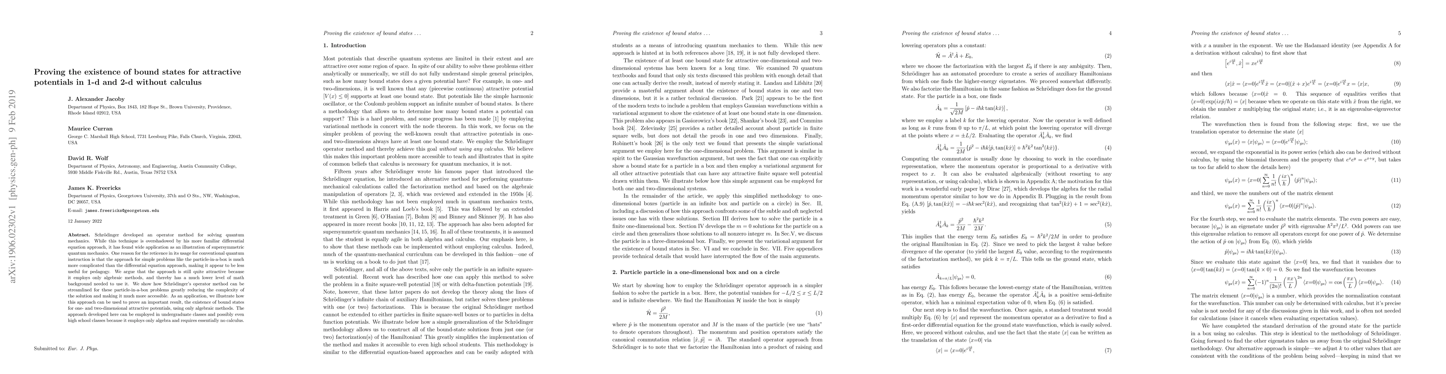 Thumbnail for Proving the existence of bound states for attractive potentials in 1-d
  and 2-d without calculus