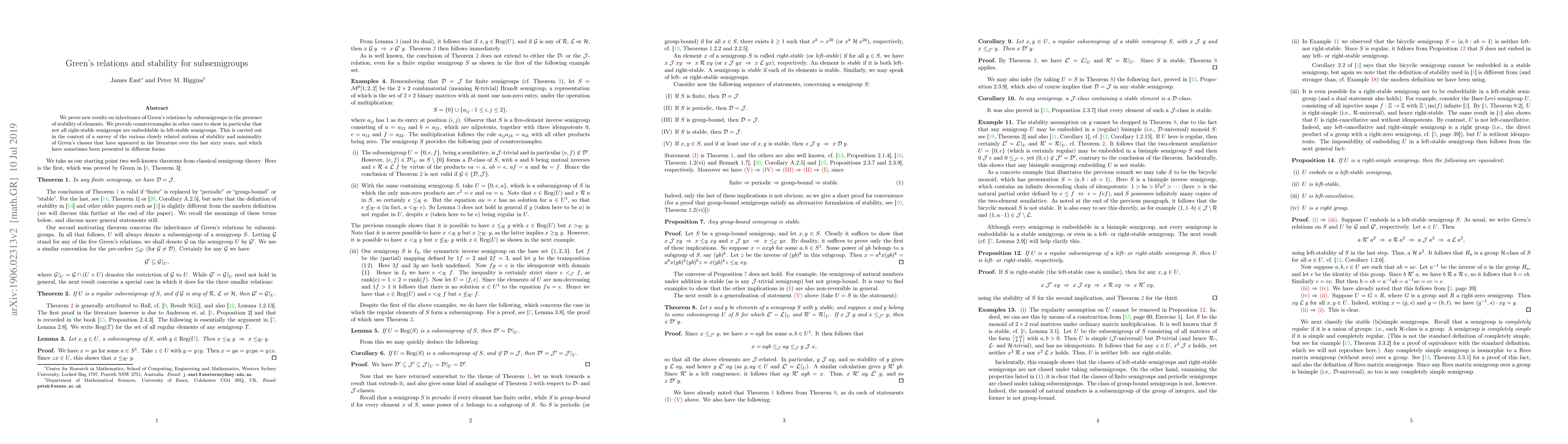 Thumbnail for Green's relations and stability for subsemigroups