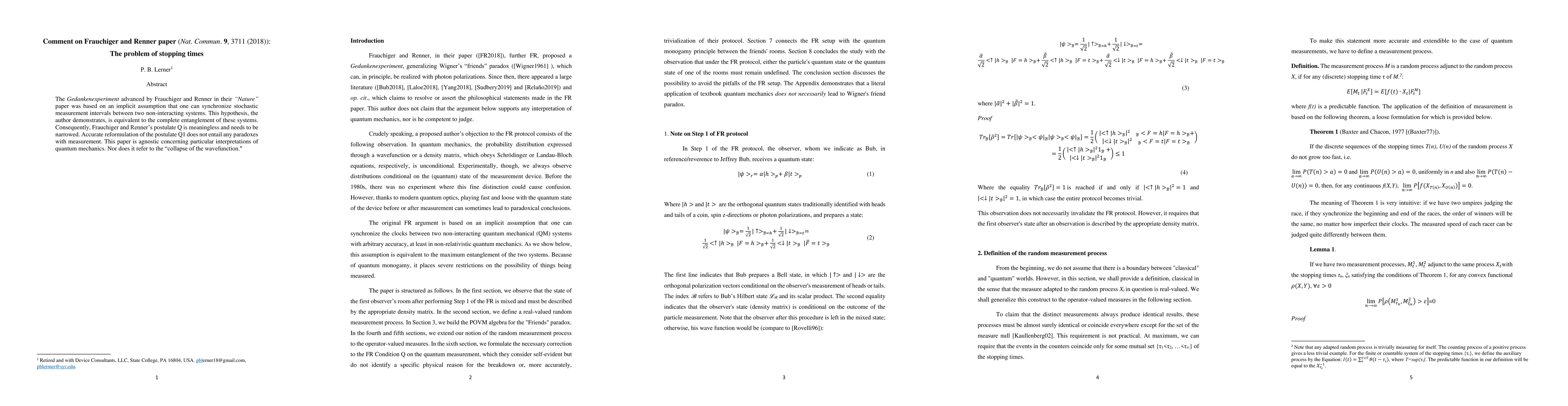 Thumbnail for Comment on Frauchiger and Renner paper (Nat. Commun. 9, 3711 (2018)):
  the problem of stopping times
