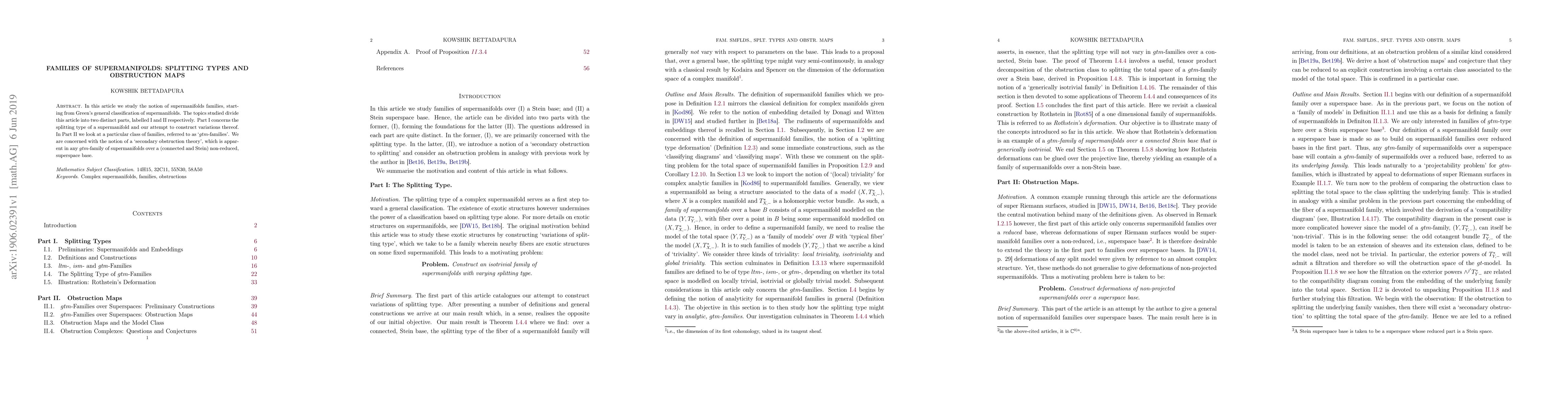 Thumbnail for Families of Supermanifolds: Splitting Types and Obstruction Maps