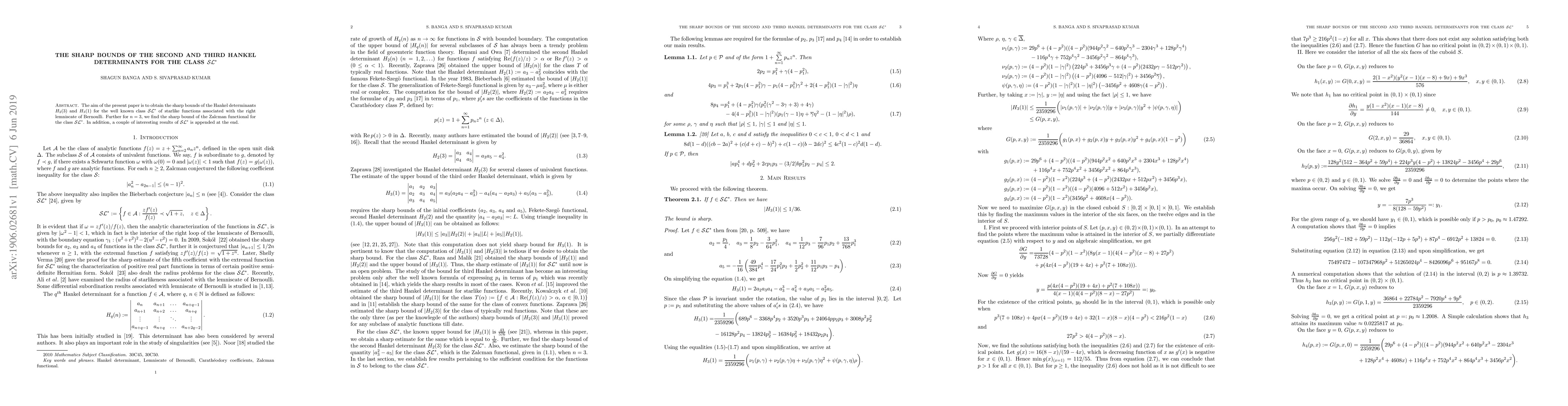 Thumbnail for The sharp bounds of the second and third Hankel determinants for the
  class SL^*