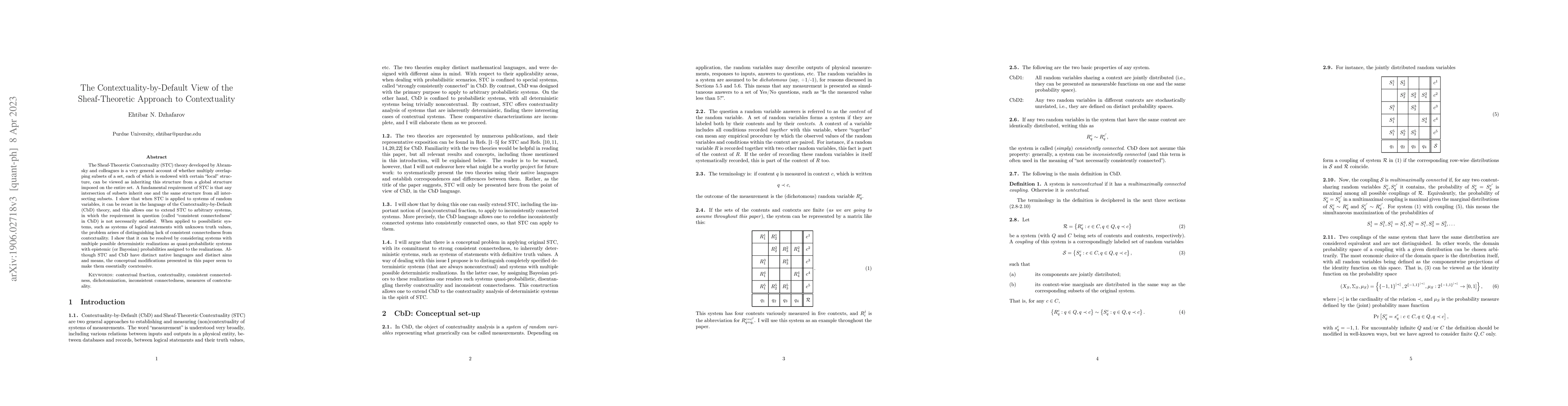Thumbnail for The Contextuality-by-Default View of the Sheaf-Theoretic Approach to
  Contextuality