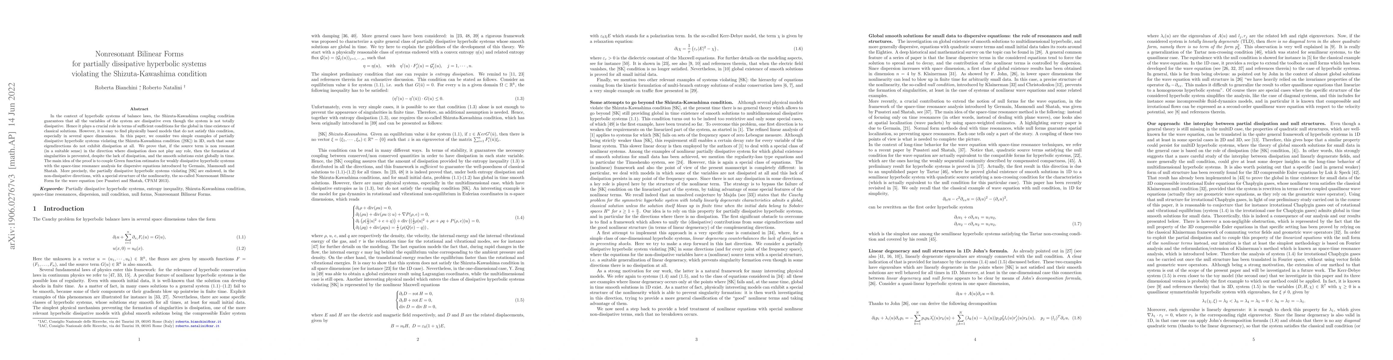 Thumbnail for Nonresonant bilinear forms for partially dissipative hyperbolic systems
  violating the Shizuta-Kawashima condition