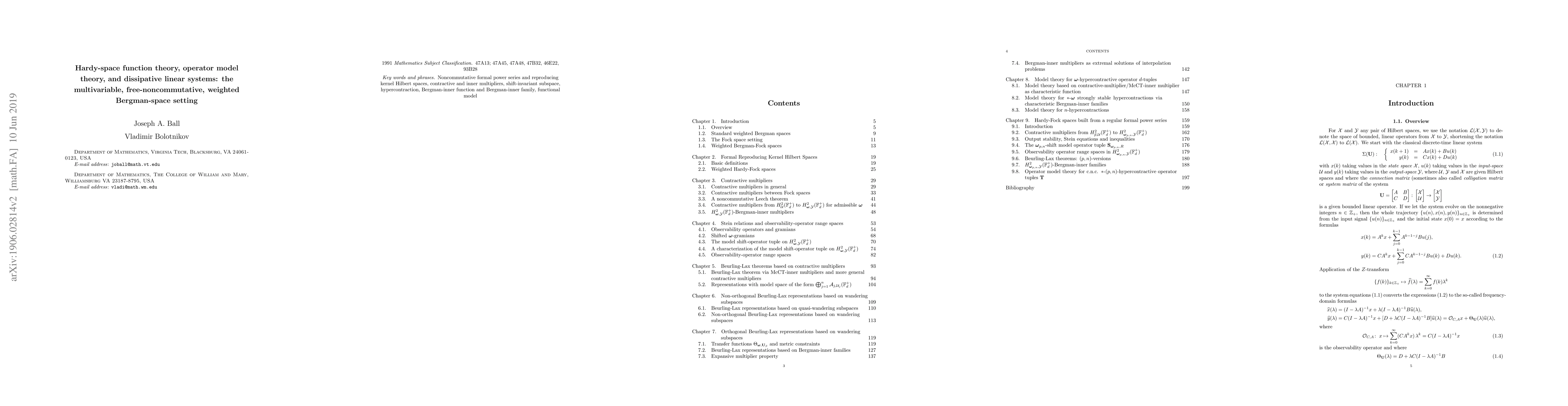 Thumbnail for Hardy-space function theory, operator model theory, and dissipative
  linear systems: the multivariable, free-noncommutative, weighted
  Bergman-space setting