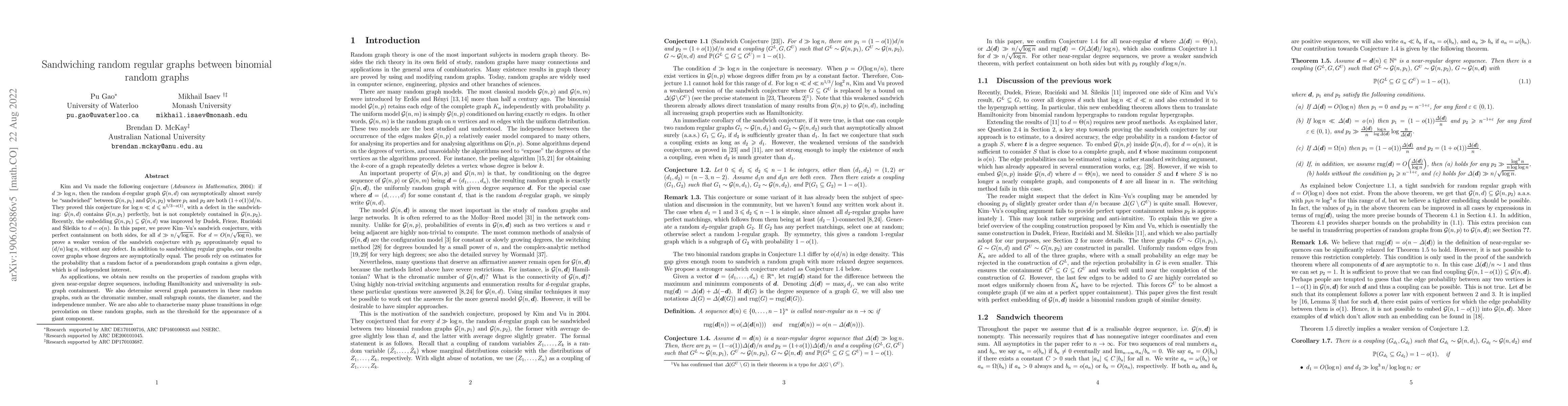 Thumbnail for Sandwiching random regular graphs between binomial random graphs