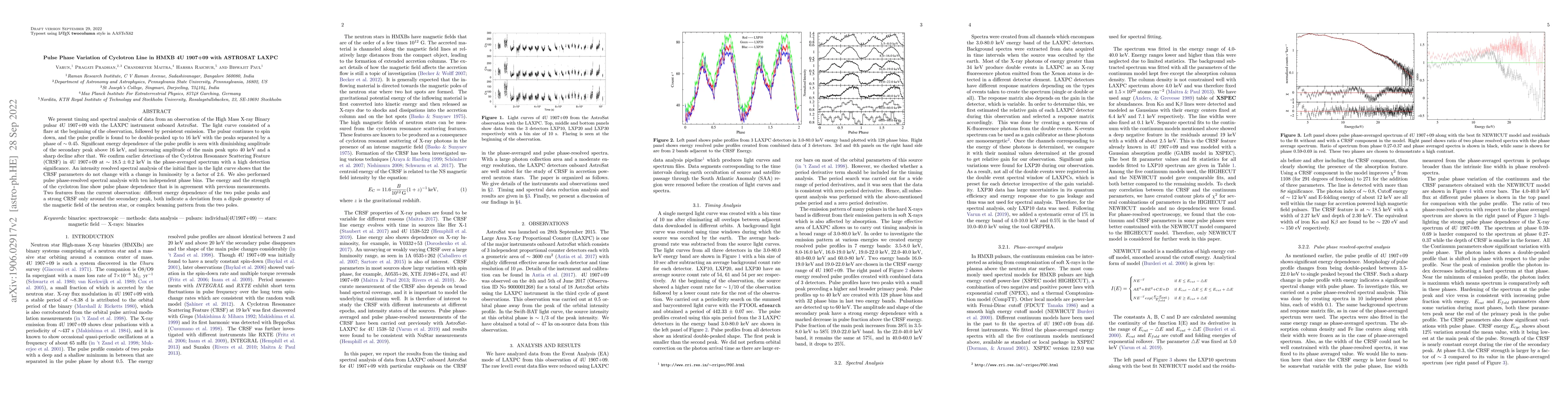 Thumbnail for Pulse Phase Variation of Cyclotron Line in HMXB 4U 1907+09 with ASTROSAT
  LAXPC