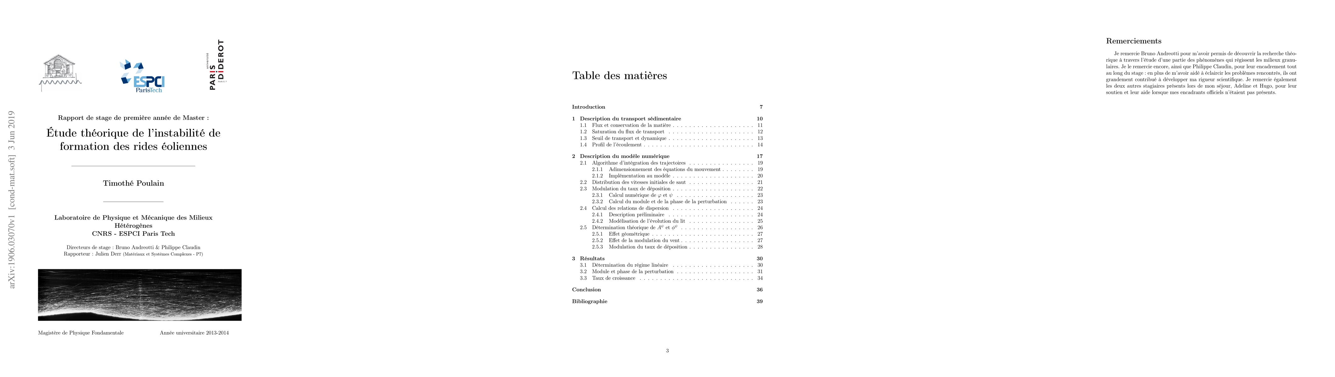 Thumbnail for \'Etude th\'eorique de l'instabilit\'e de formation des rides
  \'eoliennes