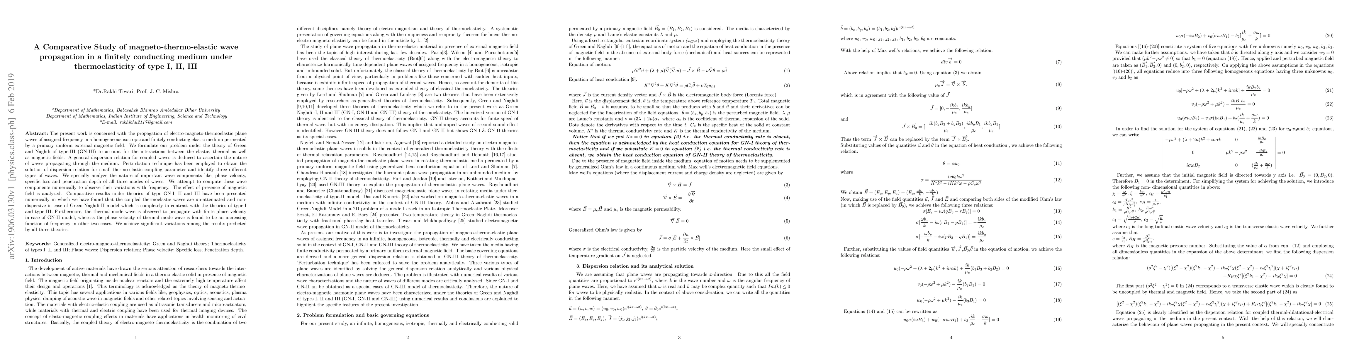 Thumbnail for A Comparative Study of magneto-thermo-elastic wave propagation in a
  finitely conducting medium under thermoelasticity of type I, II, III