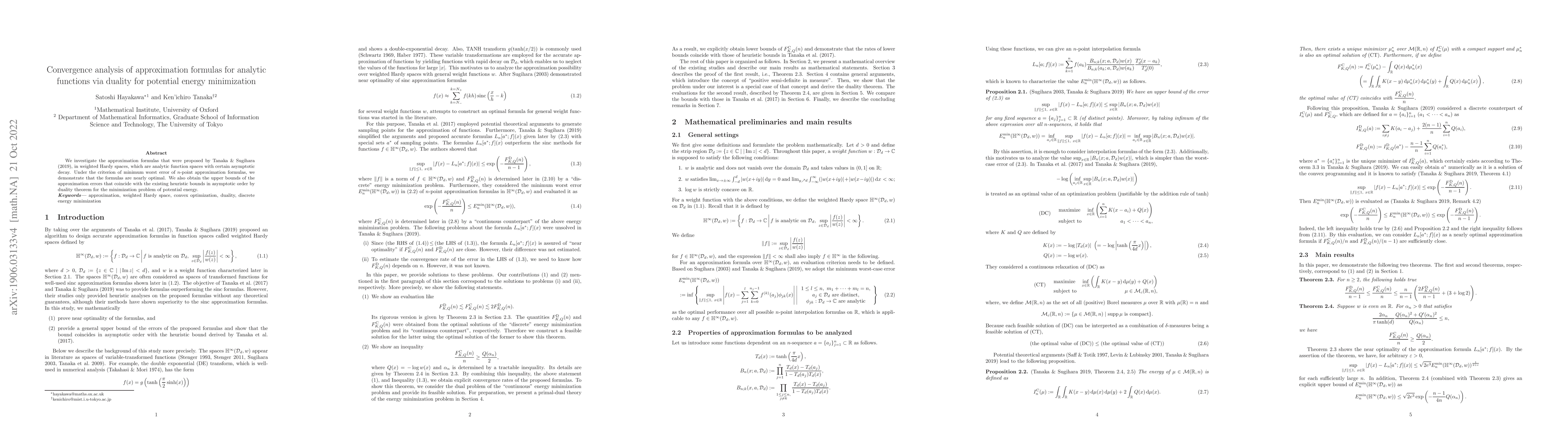 Thumbnail for Convergence analysis of approximation formulas for analytic functions
  via duality for potential energy minimization