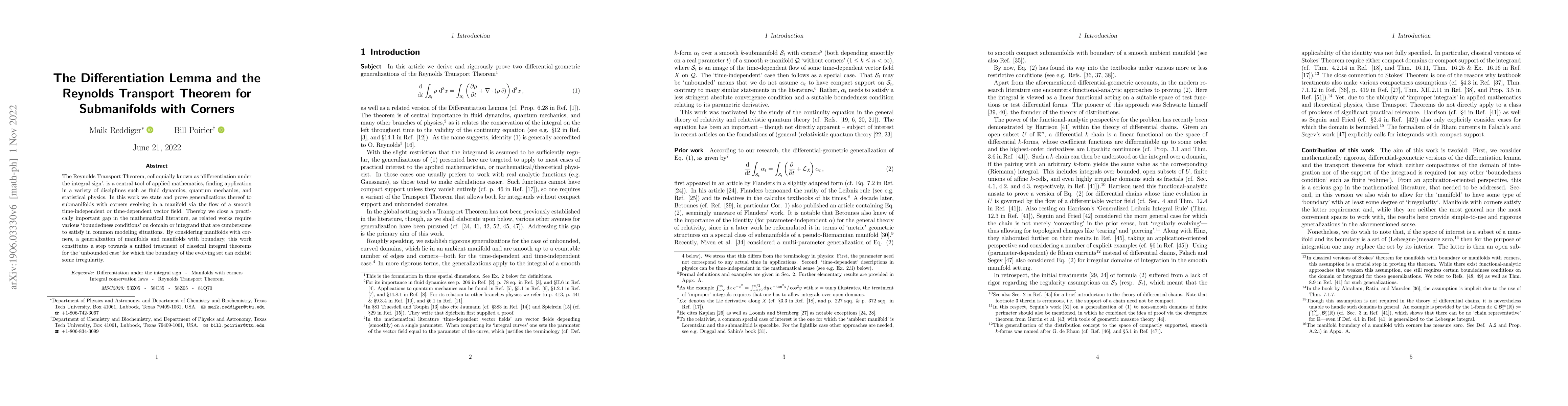 Thumbnail for The Differentiation Lemma and the Reynolds Transport Theorem for
  Submanifolds with Corners