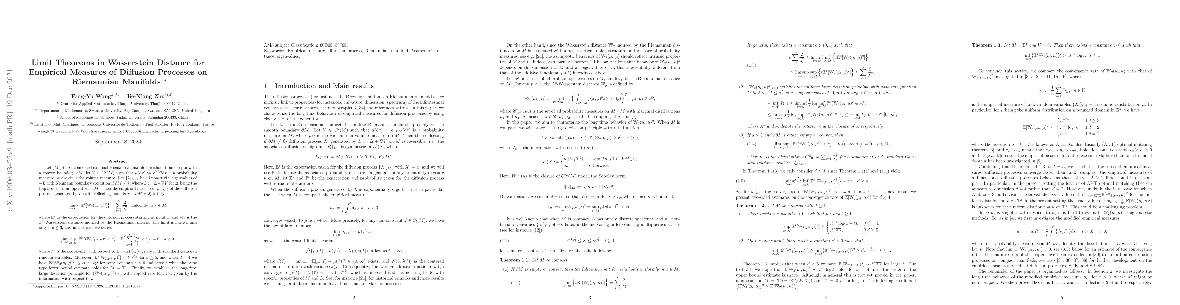 Thumbnail for Limit Theorems in Warsserstein Distance for Empirical Measures of
  Diffusion Processes on Riemannian Manifolds